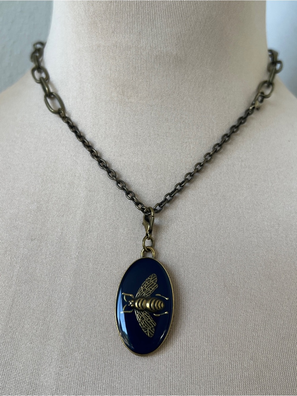 Vintage Gucci Bee Necklace | Custom Brass Navy Enamel Charm & 2-way 16” Chain